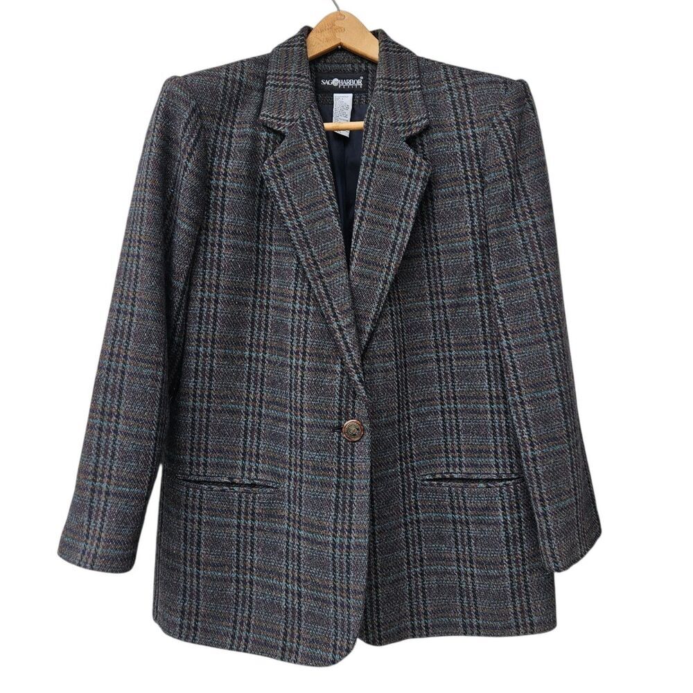Vintage Sag Harbor Tartan Plaid Wool Blend Blazer Size 14 Petite One Button - Picture 1 of 9